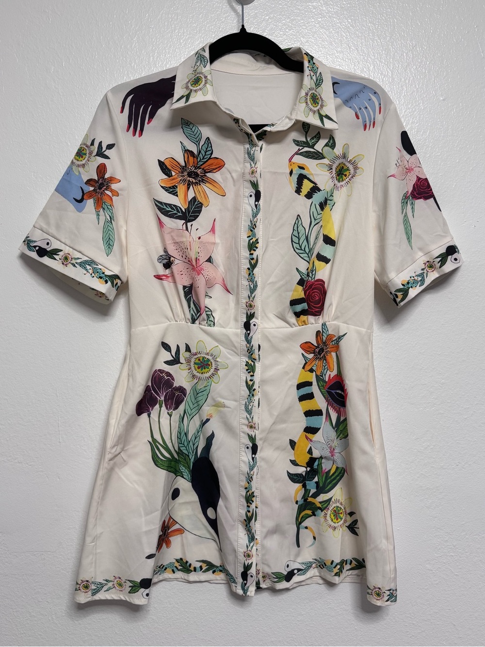 Cream Floral & Animal Print Button-Front Mini Dress